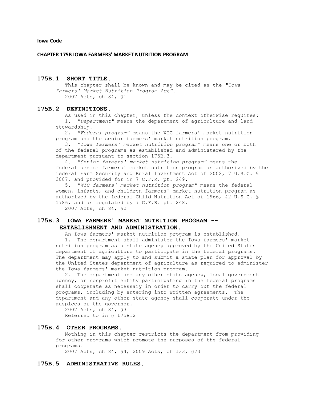 Chapter 175B Iowa Farmers' Market Nutrition Program