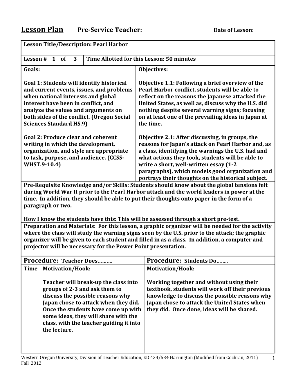 Lesson Plan Pre-Service Teacher: Date of Lesson