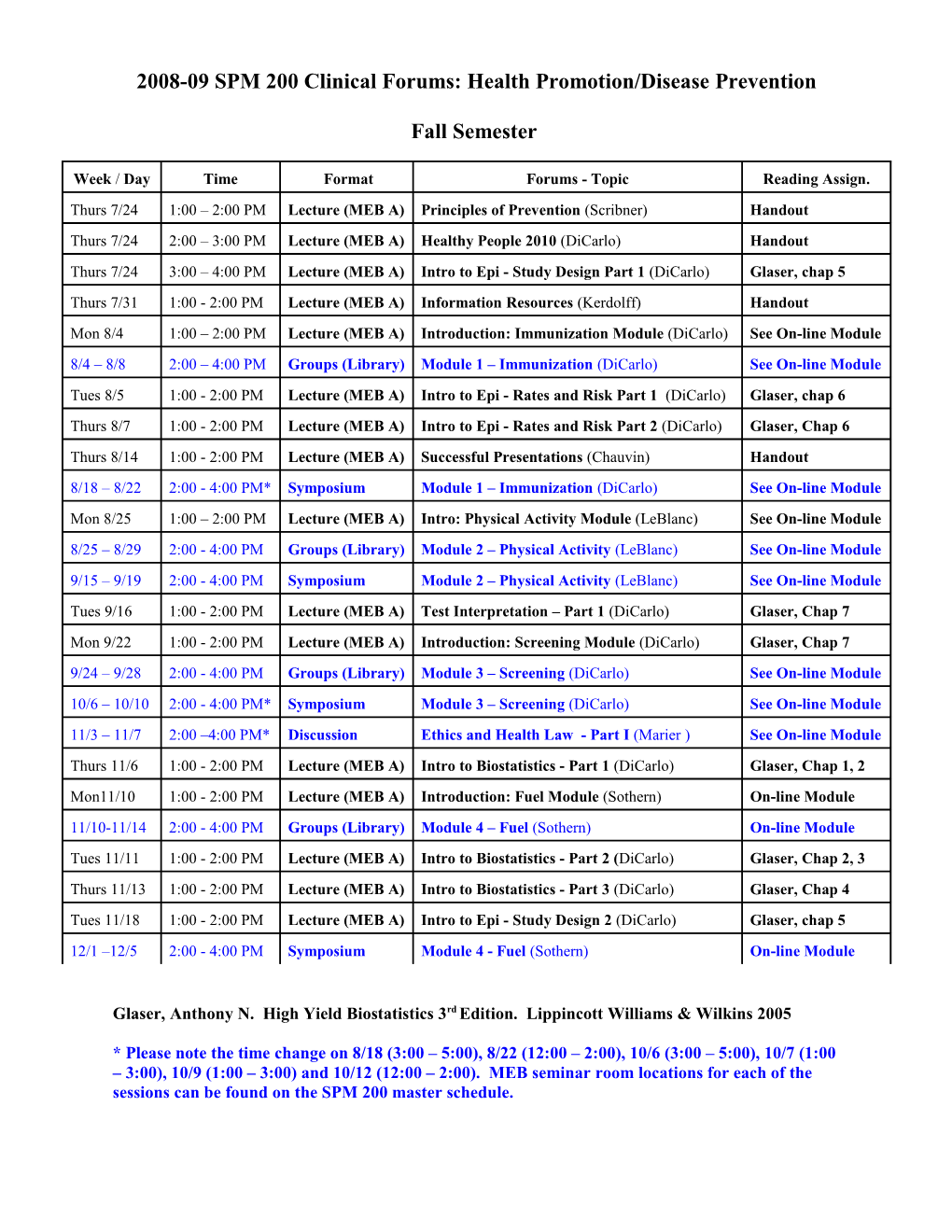 SPM 200 Clinical Forums: Health Promotion/Disease Prevention - Semester 1