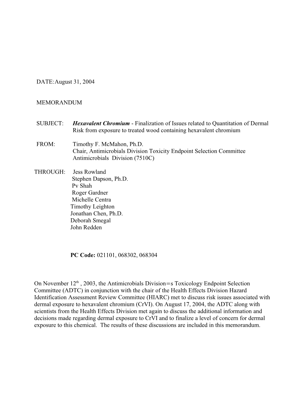 Chair, Antimicrobials Division Toxicity Endpoint Selection Committee