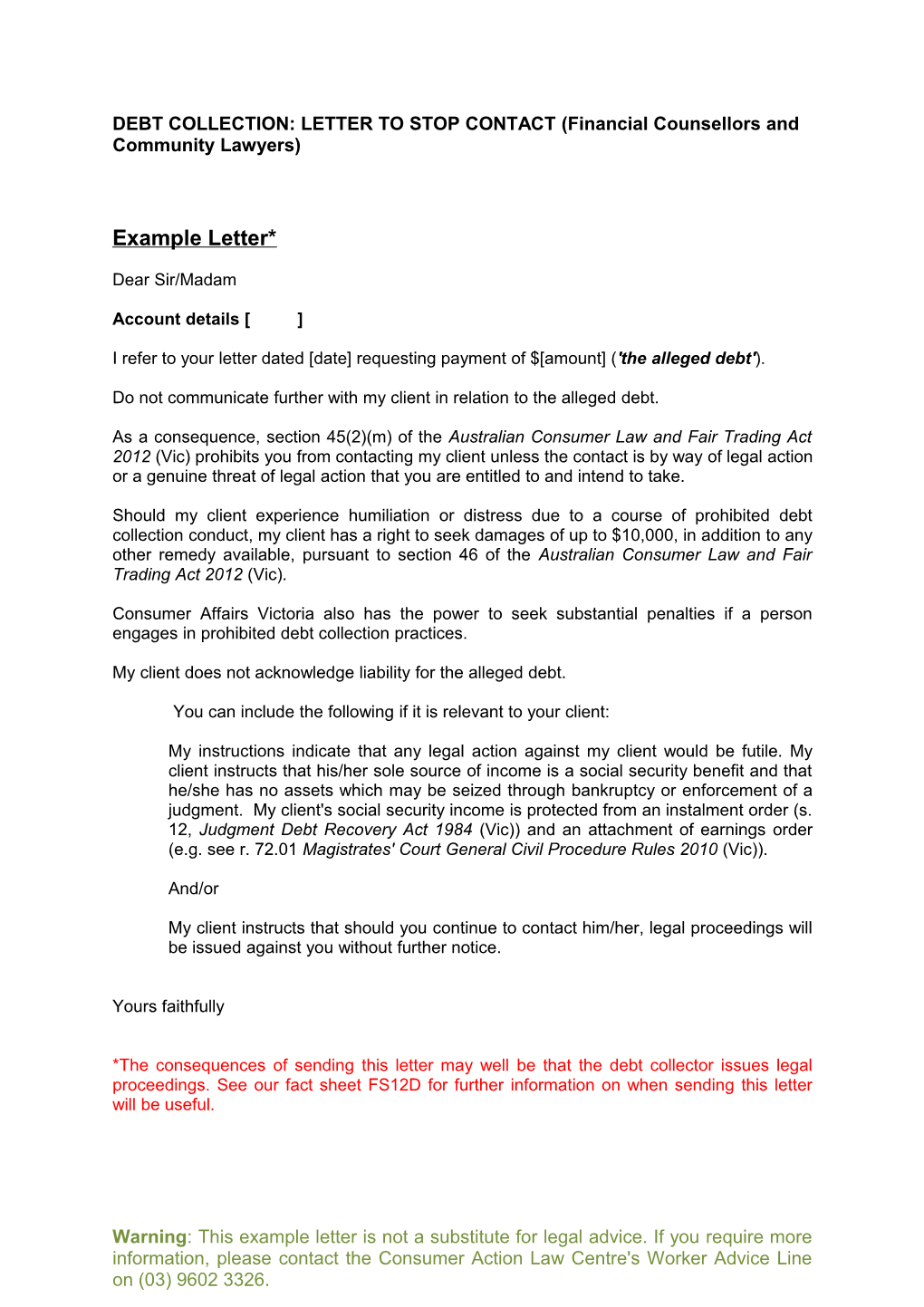 DEBT COLLECTION: LETTER to STOP CONTACT (Financial Counsellors and Community Lawyers)