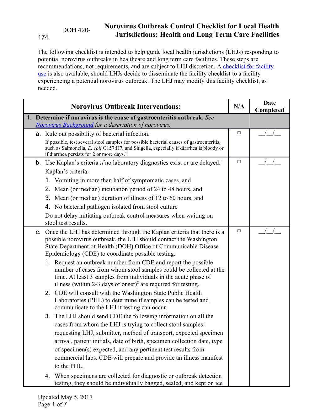 Norovirus Outbreak Control Checklist for Local Health Jurisdiction: Health and Long Term