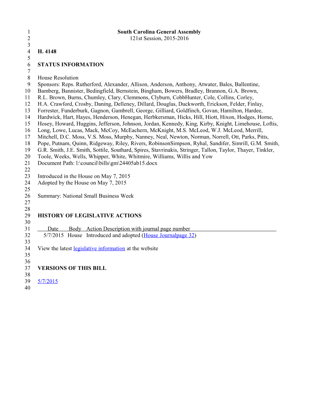 2015-2016 Bill 4148: National Small Business Week - South Carolina Legislature Online