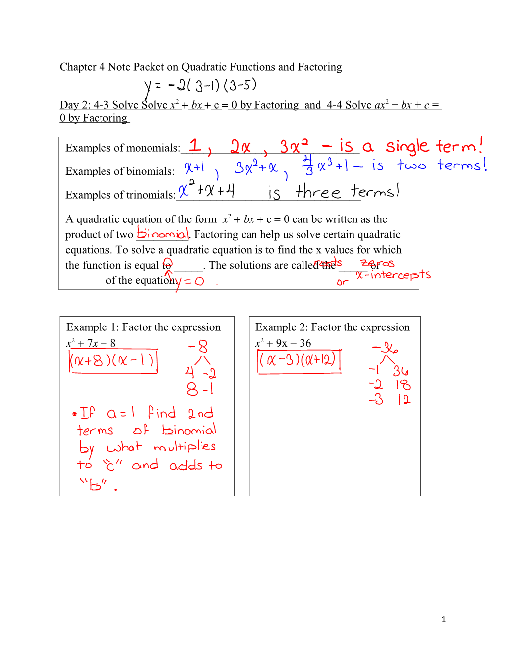 Chapter 4 Note Packet on Quadratic Functions and Factoring