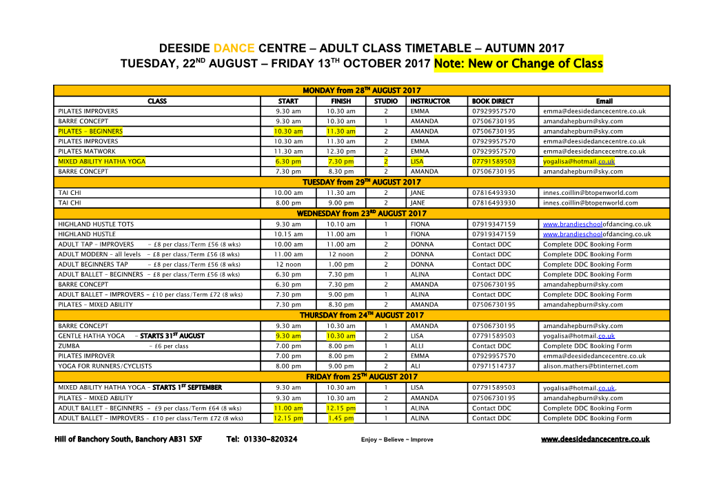 Deesidedancecentre Adult Class Timetable Autumn 2017