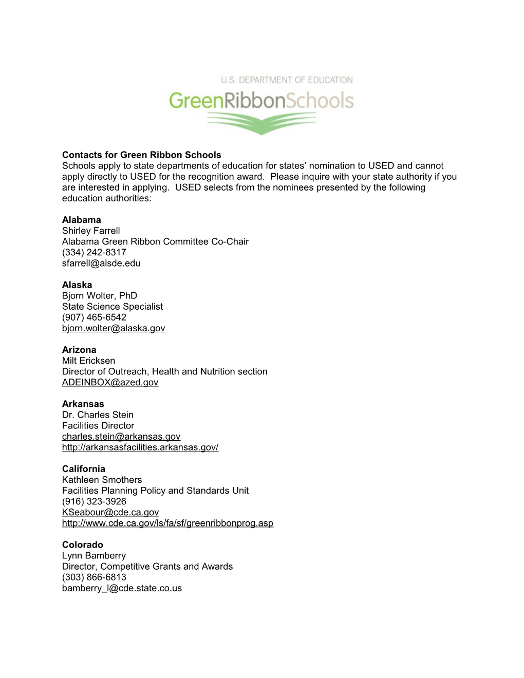 States Contacts for Green Ribbon Schools (MS Word)