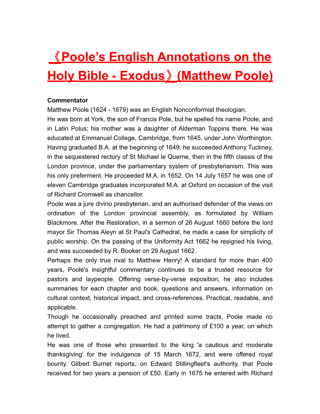 Poole S English Annotations on the Holy Bible - Exodus (Matthew Poole)