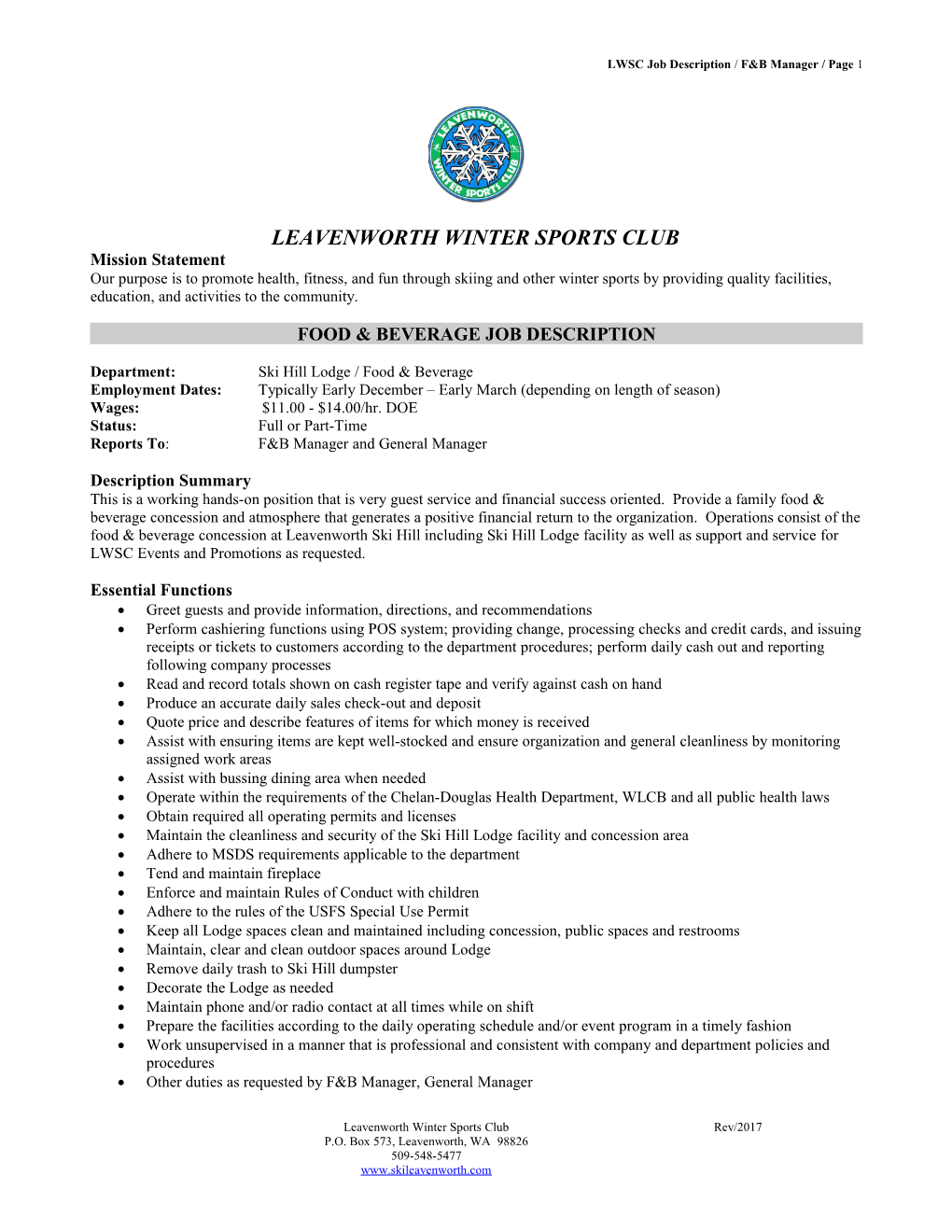 LWSC Job Description / F&B Manager / Page 2