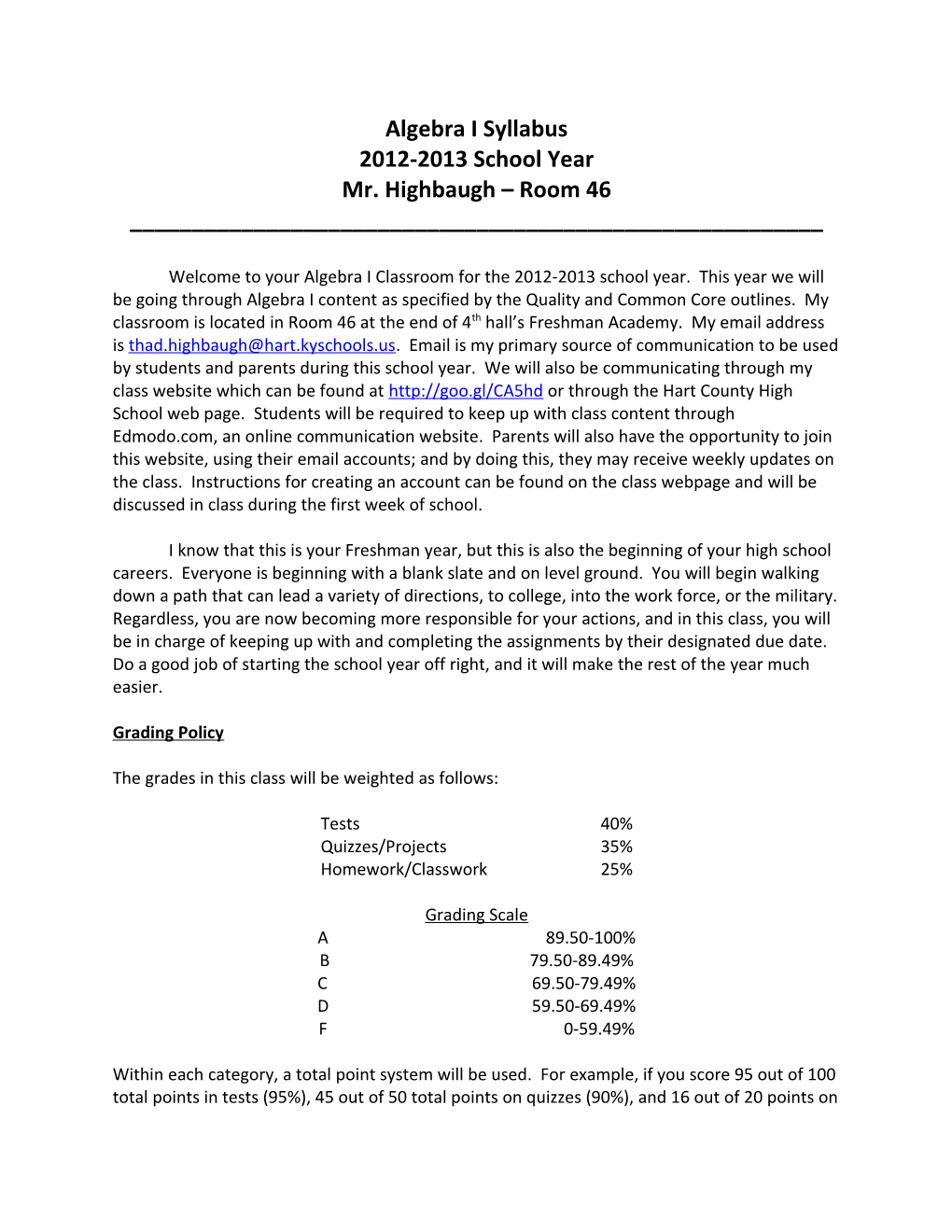 Algebra I Syllabus