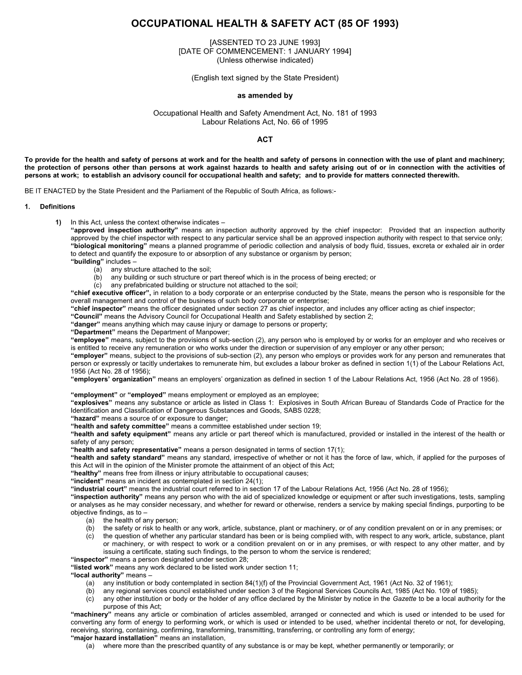 Occupational Health & Safety Act (85 of 1993)