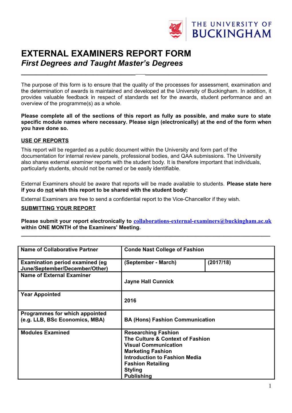 External Examiners Report Form