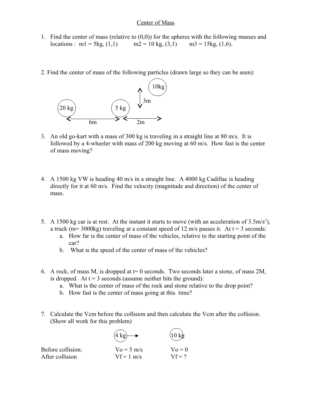 Center of Mass Worksheet 1