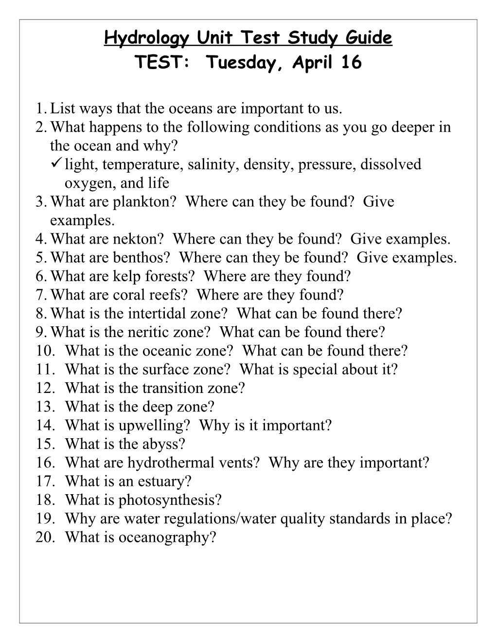 Hydrology Unit Test Study Guide