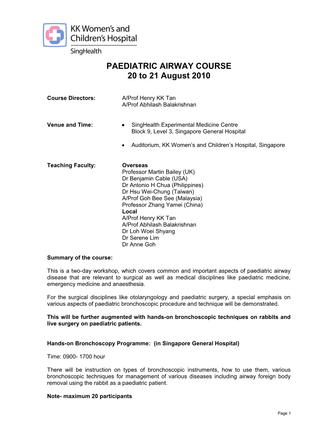 PEDIATRIC BRONCHOSCOPY COURSE, Sunday 6Th October 2002