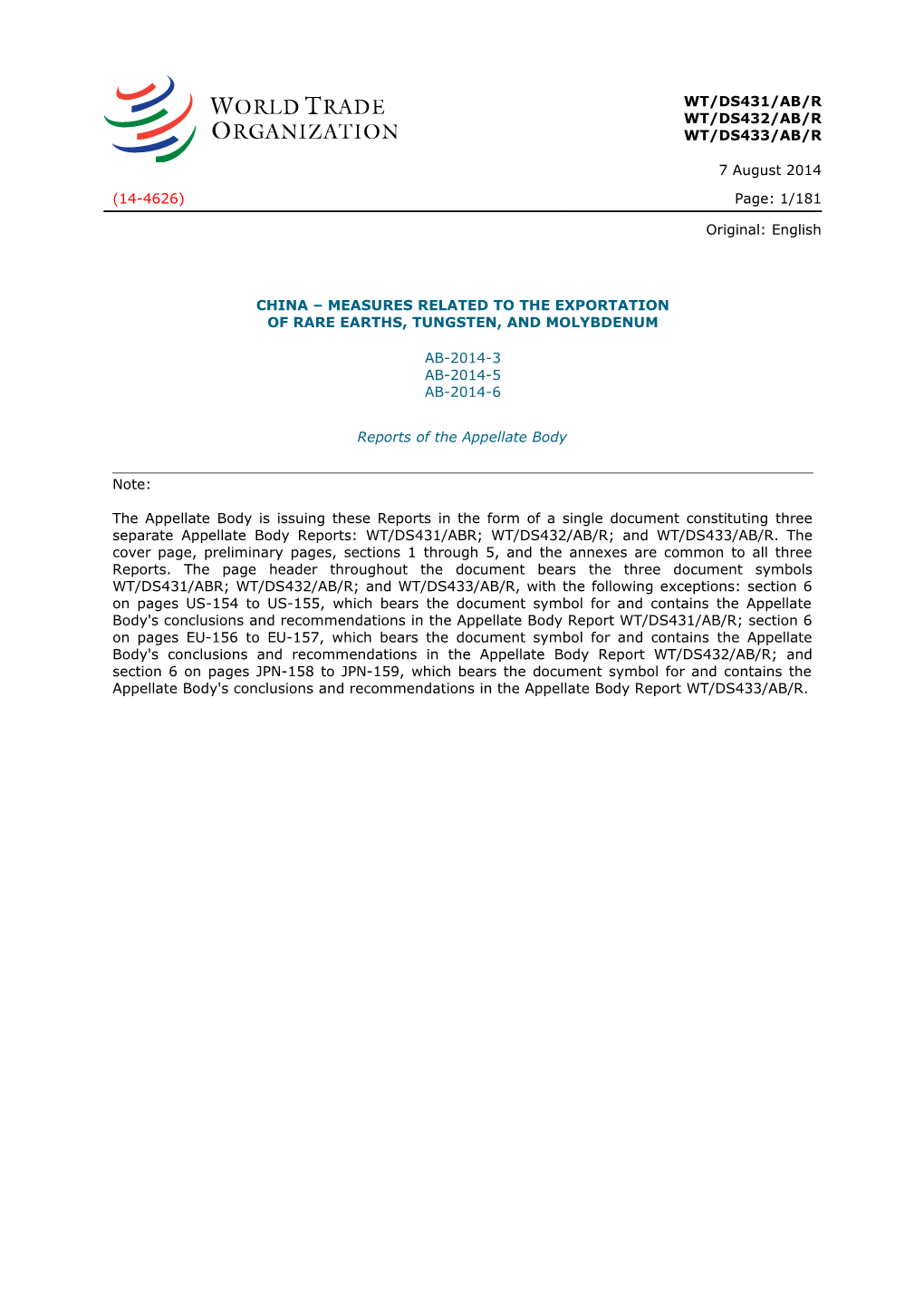 China Measures Related to the Exportation of Rare Earths, Tungsten, and Molybdenum