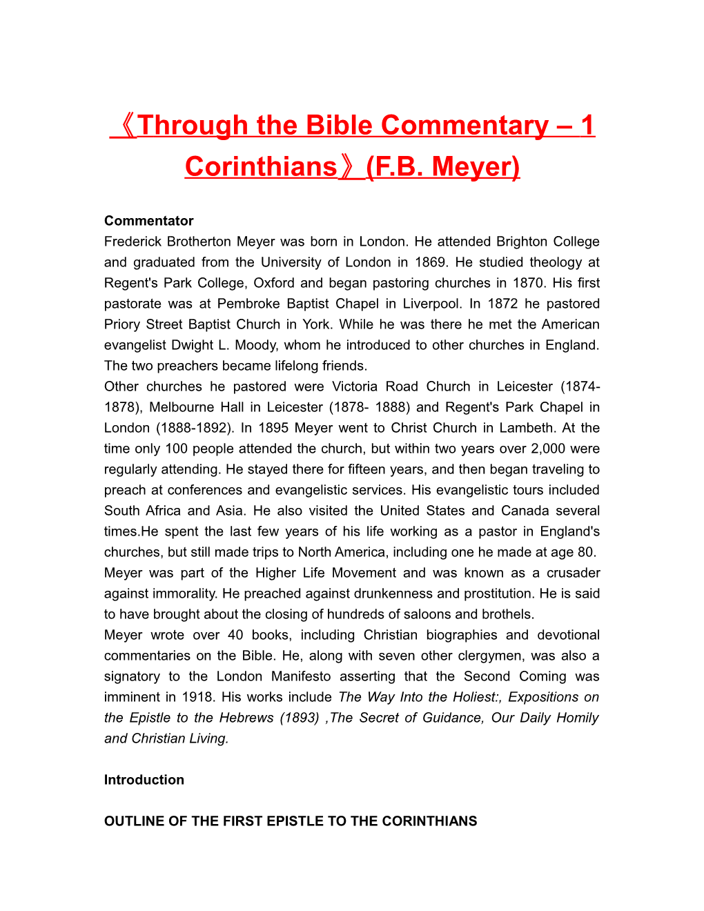 Through the Bible Commentary 1 Corinthians (F.B. Meyer)