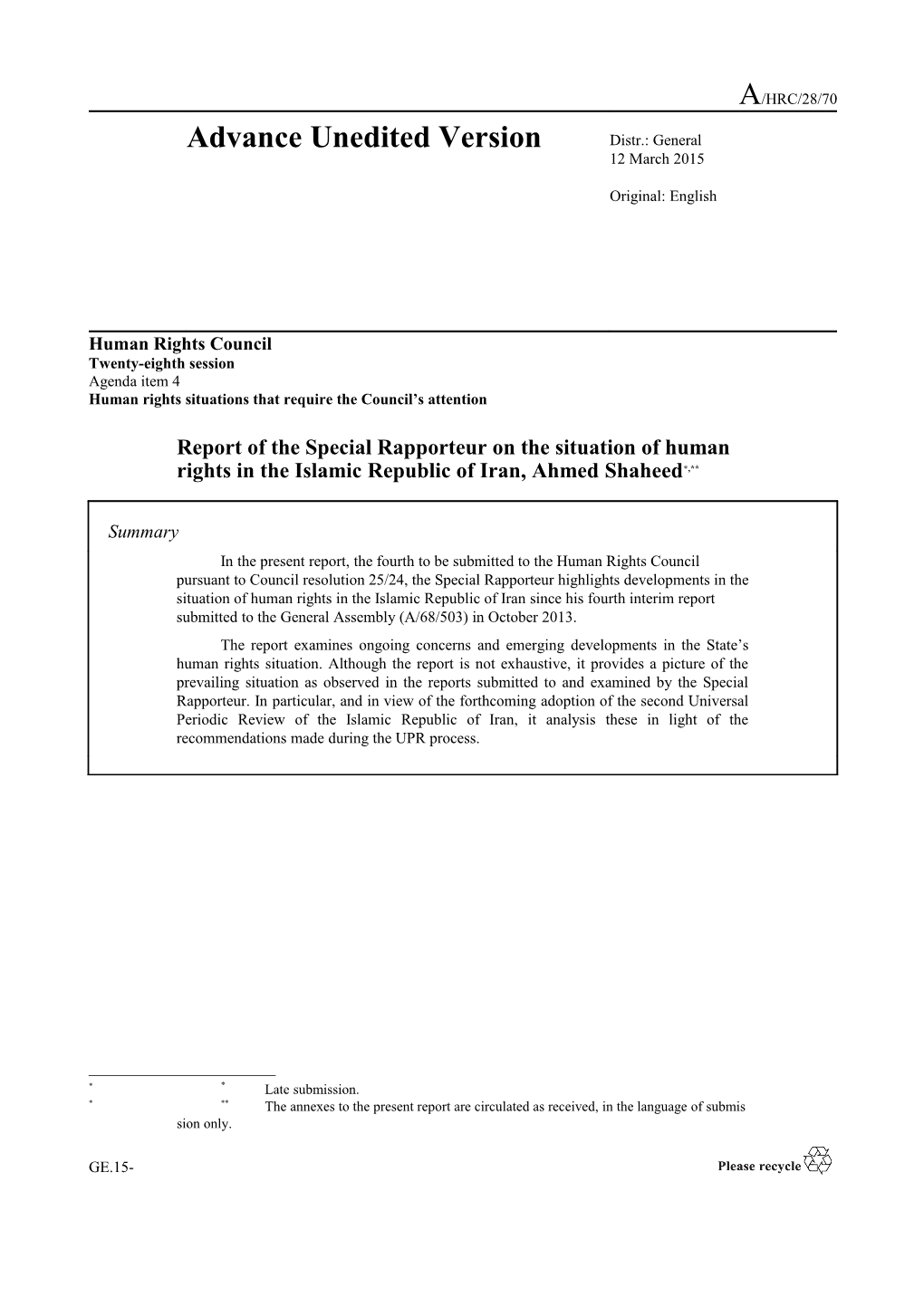 Report of the Special Rapporteur on the Situation of Human Rights in the Islamic Republic