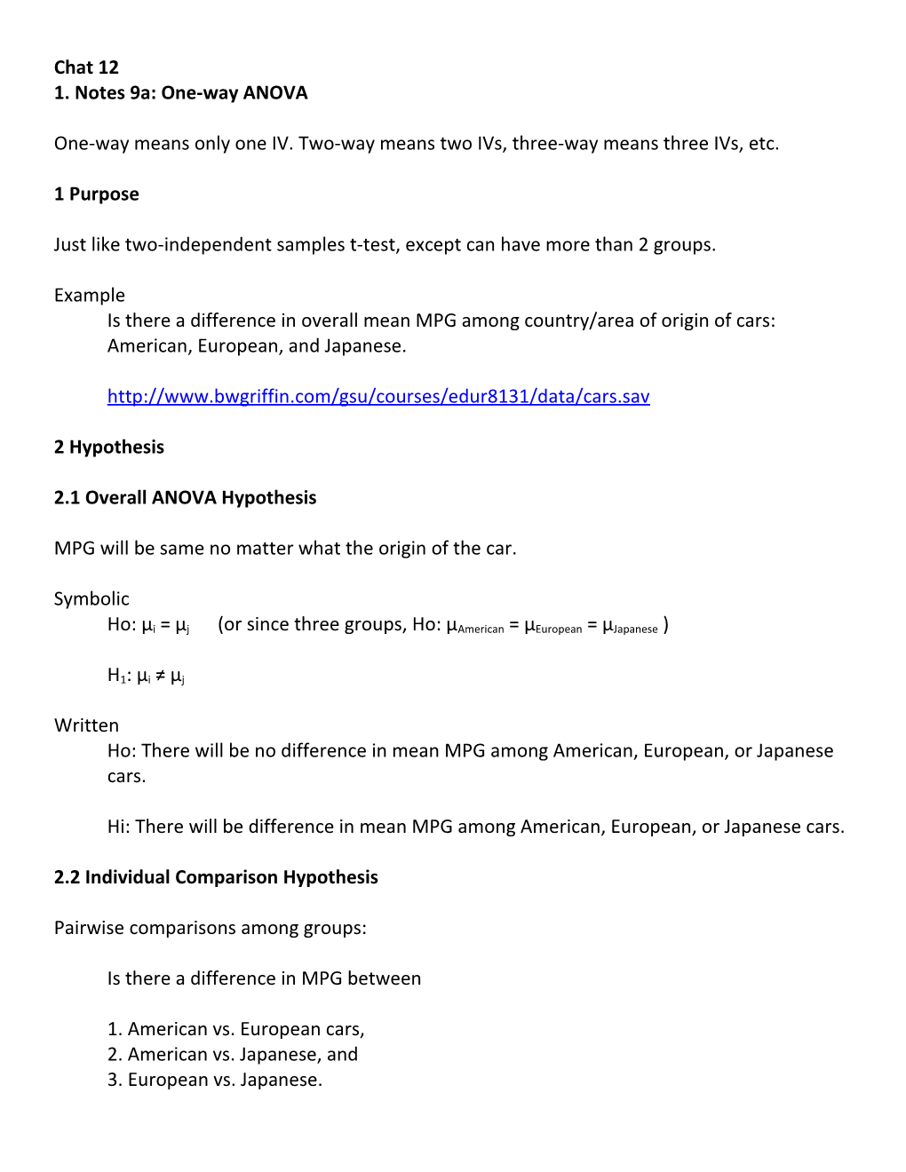 1. Notes 9A: One-Way ANOVA