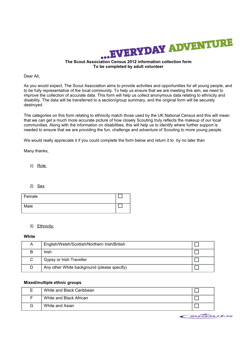 The Scout Association Census 2012 Information Collection Form