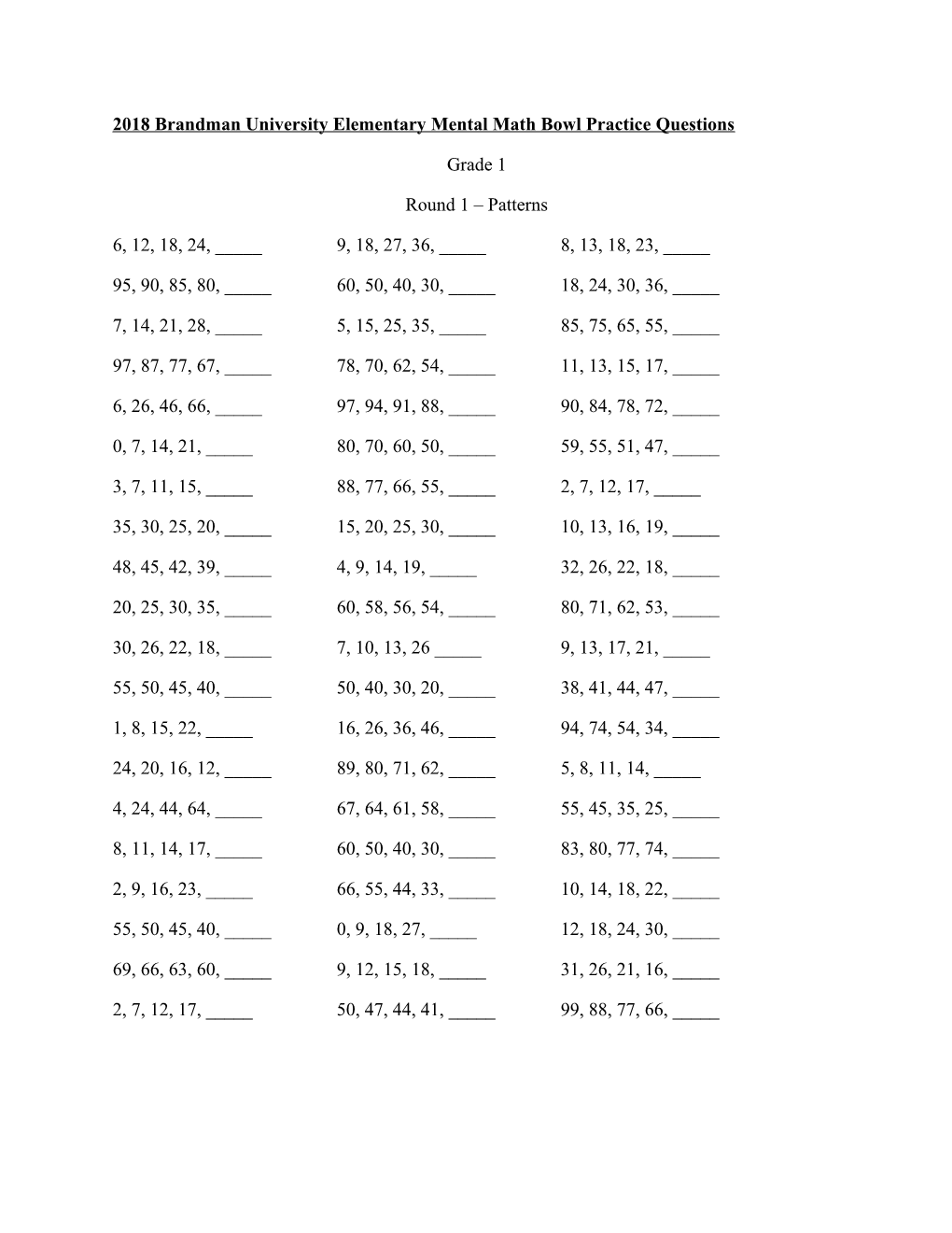 2018 Brandman University Elementary Mental Math Bowlpractice Questions