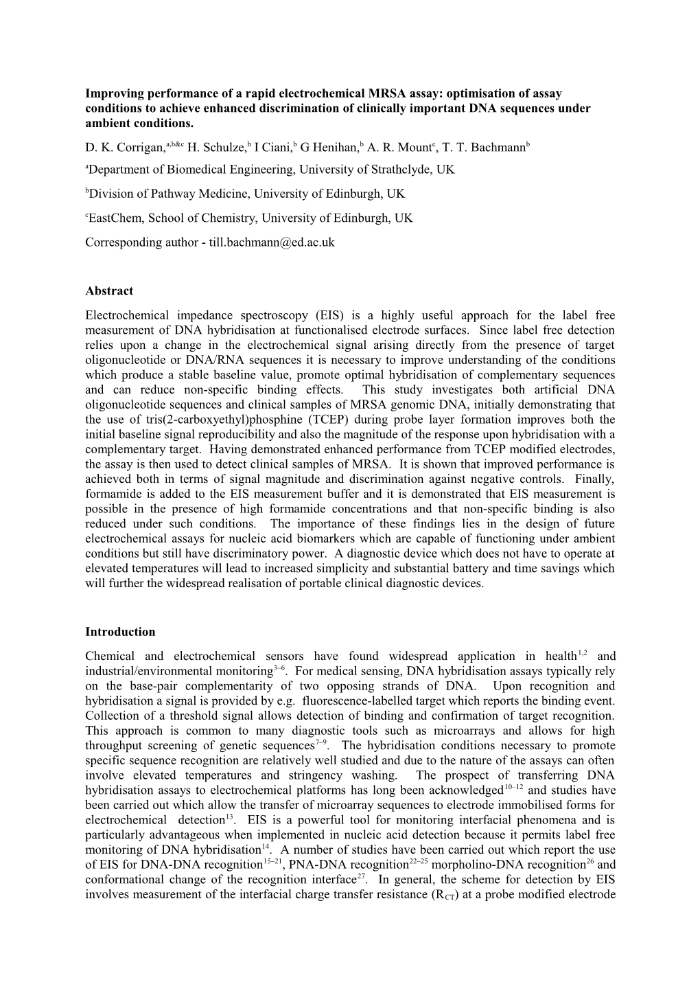 Improving Performance of a Rapid Electrochemical MRSA Assay: Optimisation of Assay Conditions