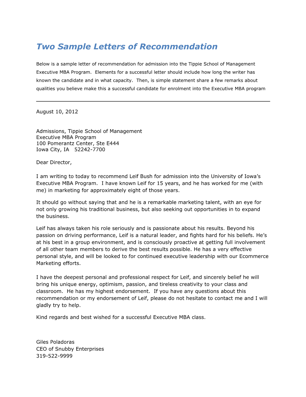 Two Sample Letters of Recommendation