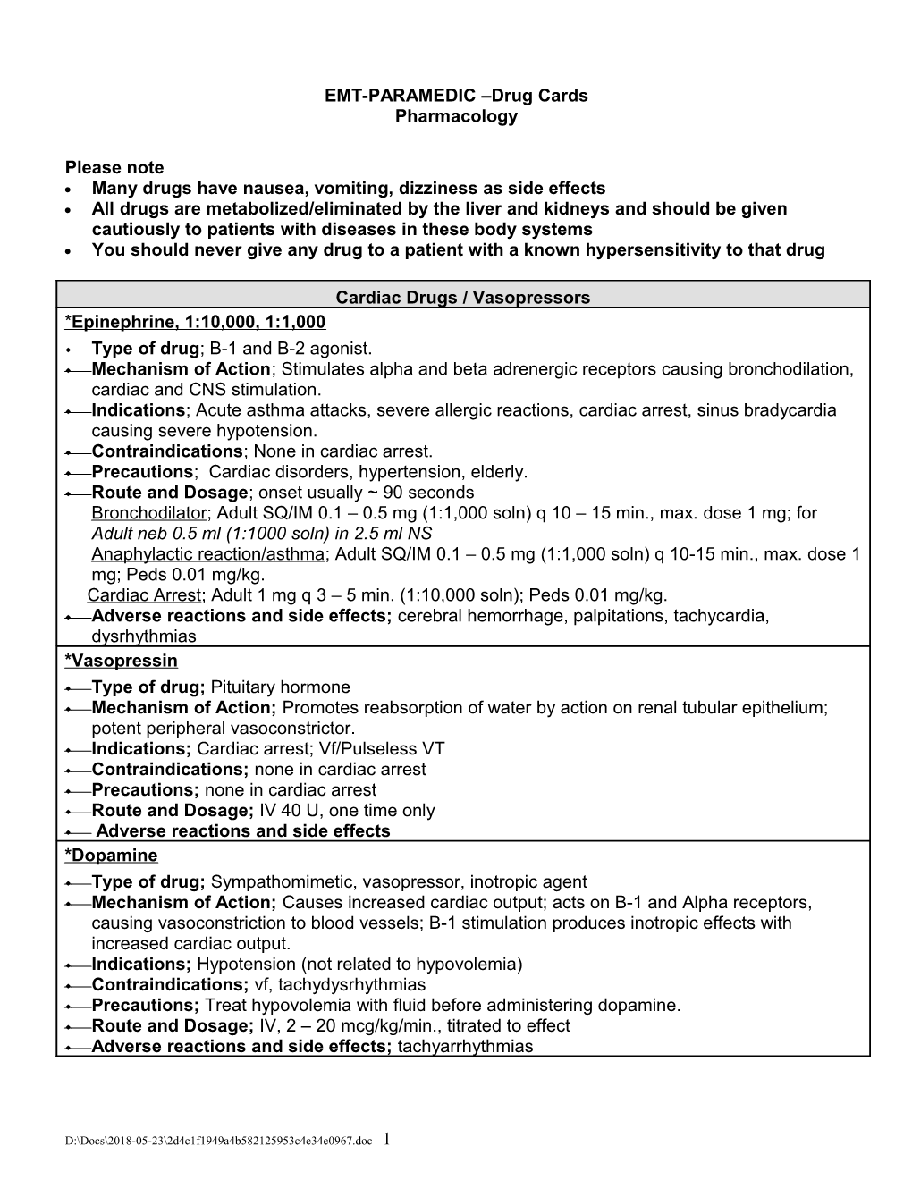 EMT-PARAMEDIC Drug Cards