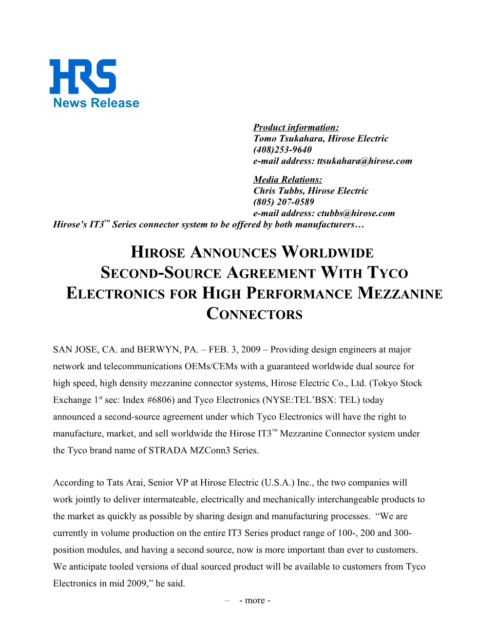 Hirose S IT3 Series Connector System to Be Offered by Both Manufacturers