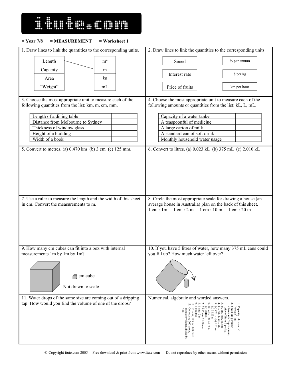 =Year 7/8 =MEASUREMENT =Worksheet 1