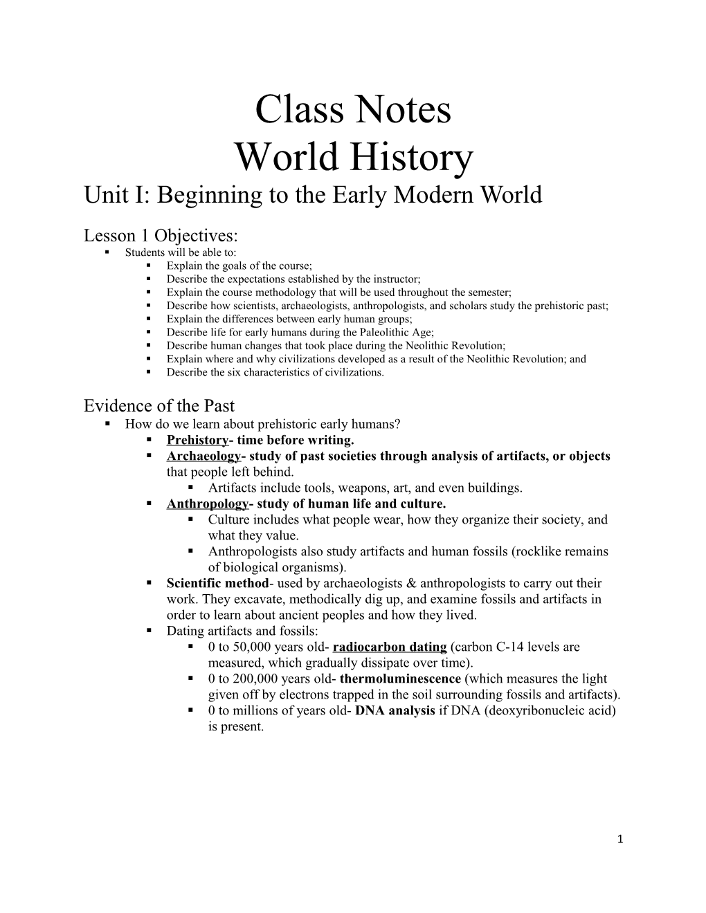 Unit I: Beginning to the Early Modern World