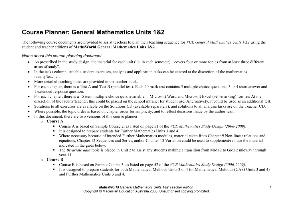 Course Planner: General Mathematics Units 12