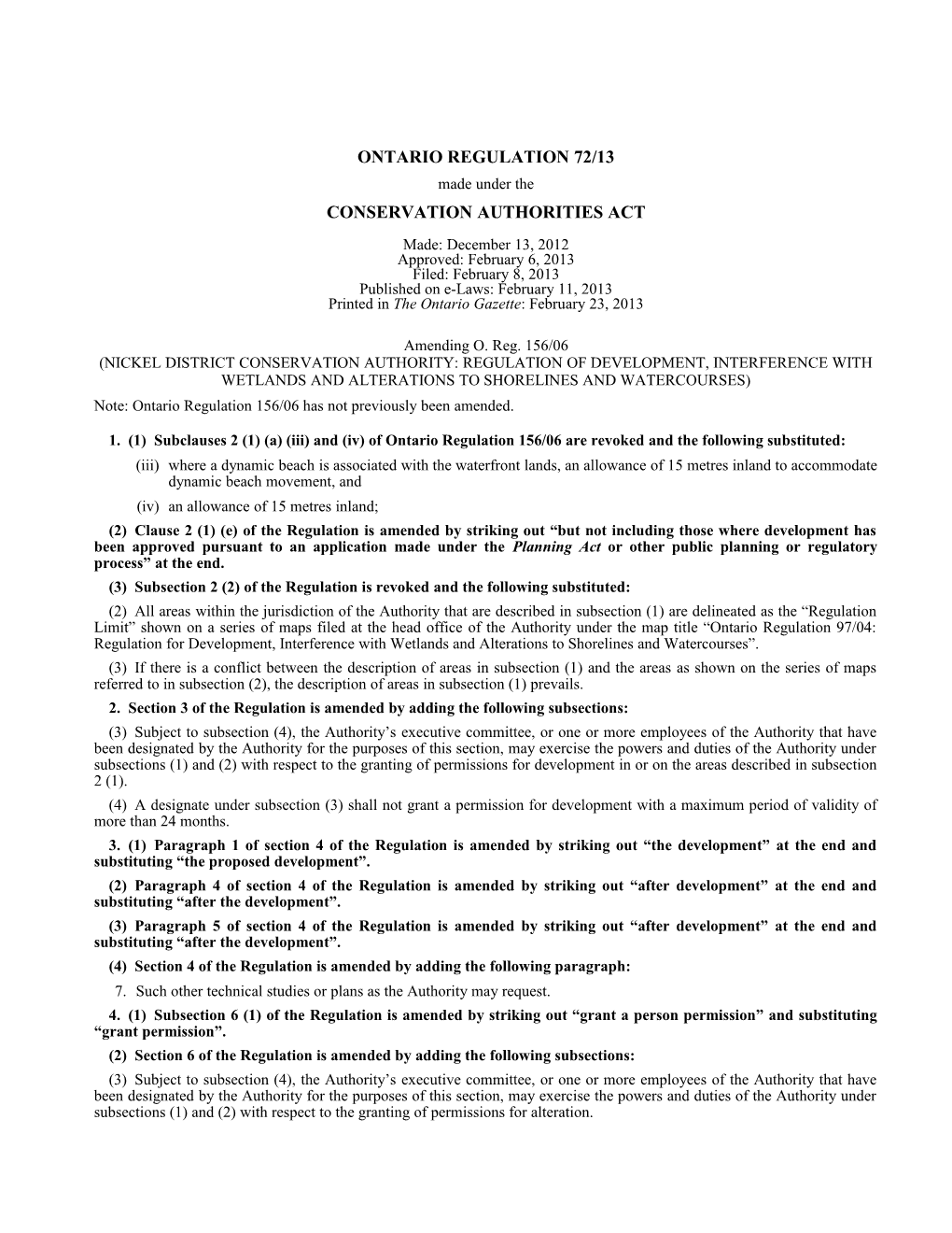 CONSERVATION AUTHORITIES ACT - O. Reg. 72/13