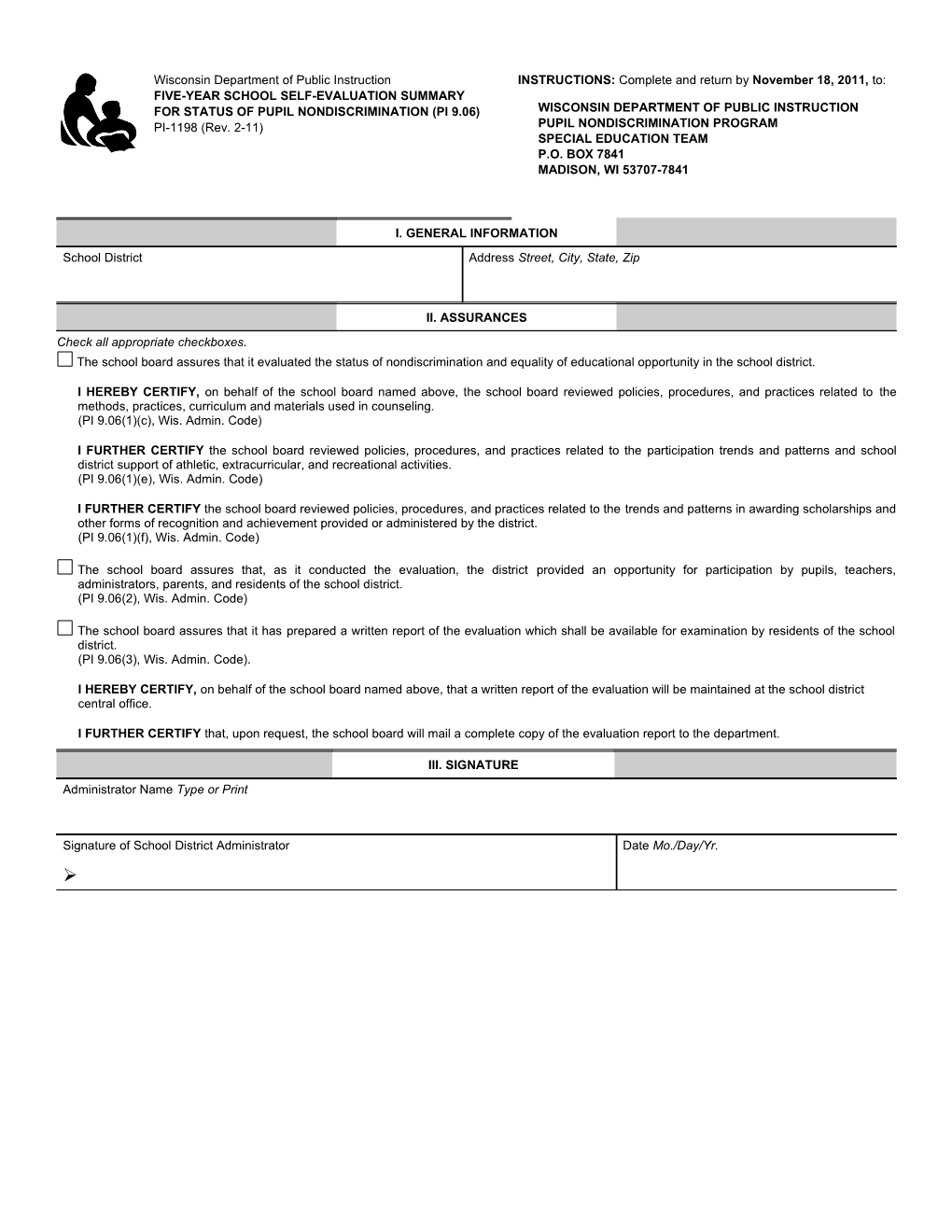 PI-1198 Five-Year School Self-Evaluation Summary for Status of Pupil Nondiscrimination