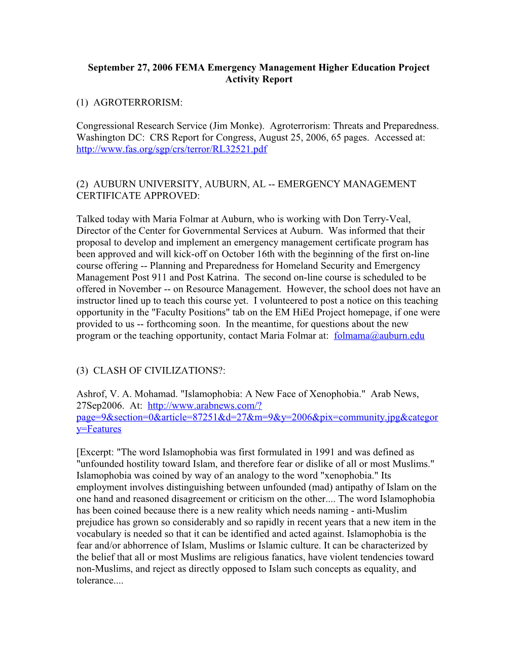 September 27, 2006 FEMA Emergency Management Higher Education Project Activity Report