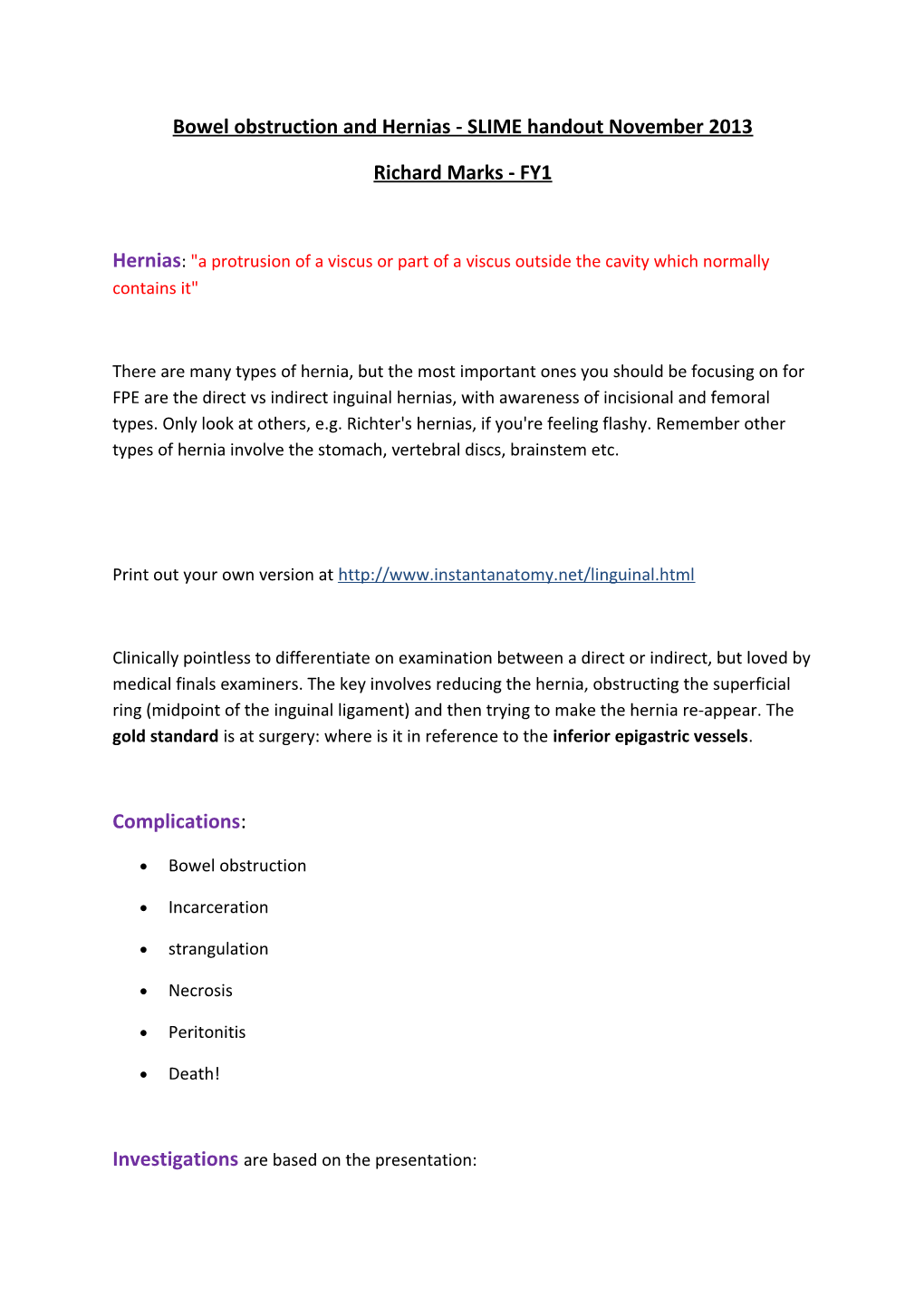 Bowel Obstruction and Hernias - SLIME Handout November 2013