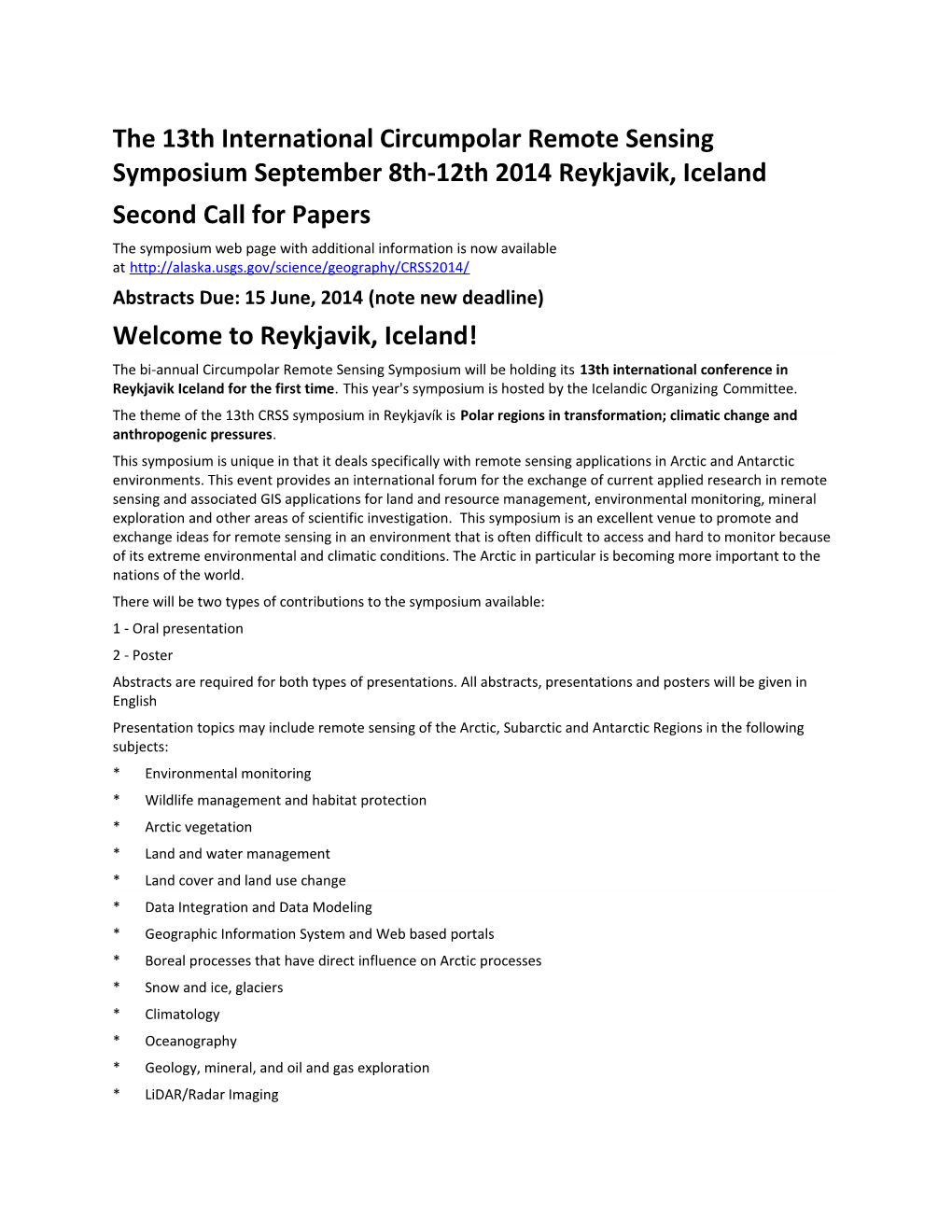 The 13Th International Circumpolar Remote Sensing Symposiumseptember 8Th-12Th 2014Reykjavik