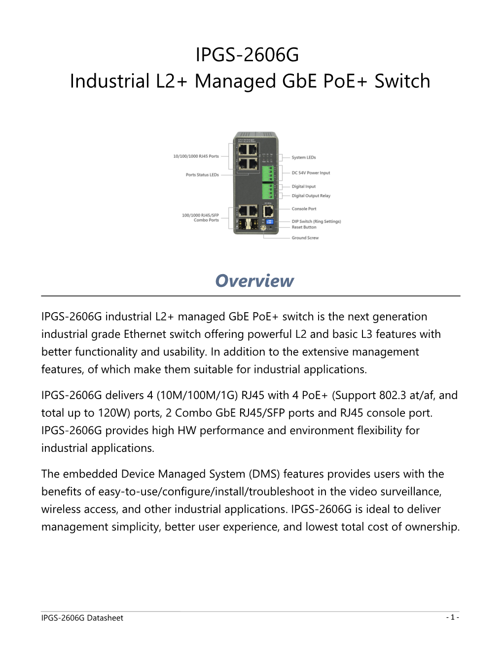 Industrial L2+ Managed Gbe Poe+ Switch