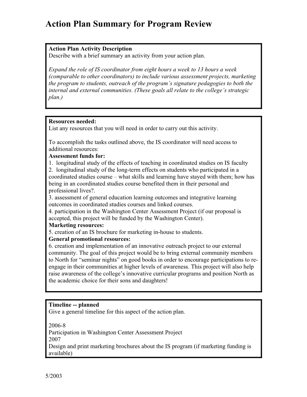 Action Plan Activity Description