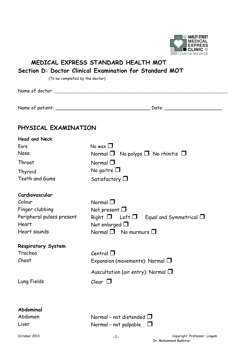 Section D: Doctor Clinical Examination for Standard MOT