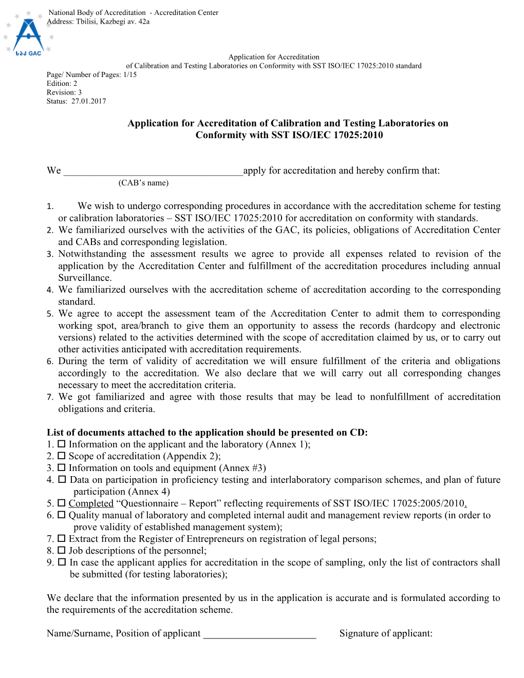 Application for Accreditationof Calibration and Testing Laboratories On