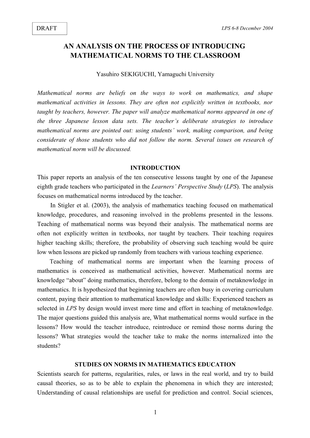 An Analysis on the Process of Introducing Mathematical Norms to the Classroom