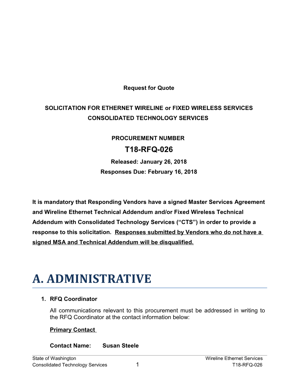 SOLICITATION for ETHERNET Wirelineor FIXED WIRELESS SERVICES