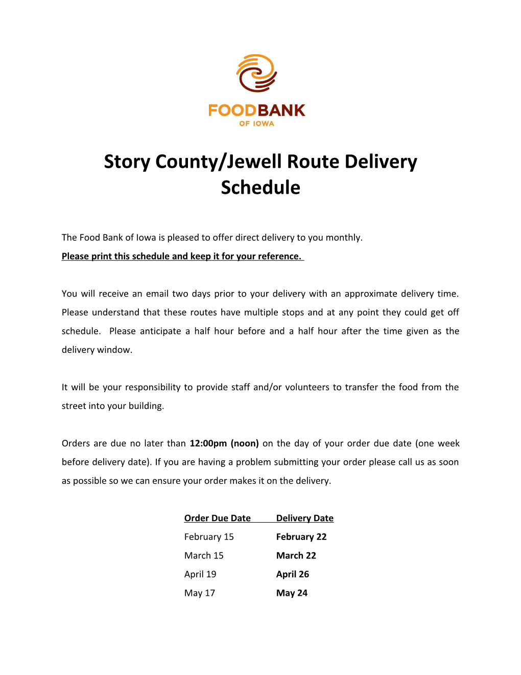 Story County/Jewell Route Delivery Schedule