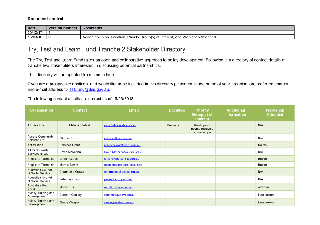 Try, Test and Learn Fund Tranche 2 Stakeholder Directory