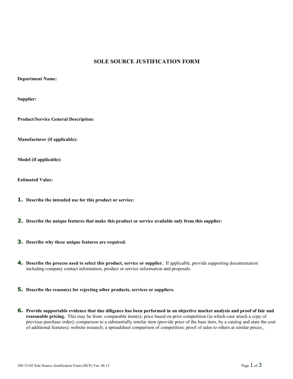 380.15-01 Sole Source Justification Form (HCP)