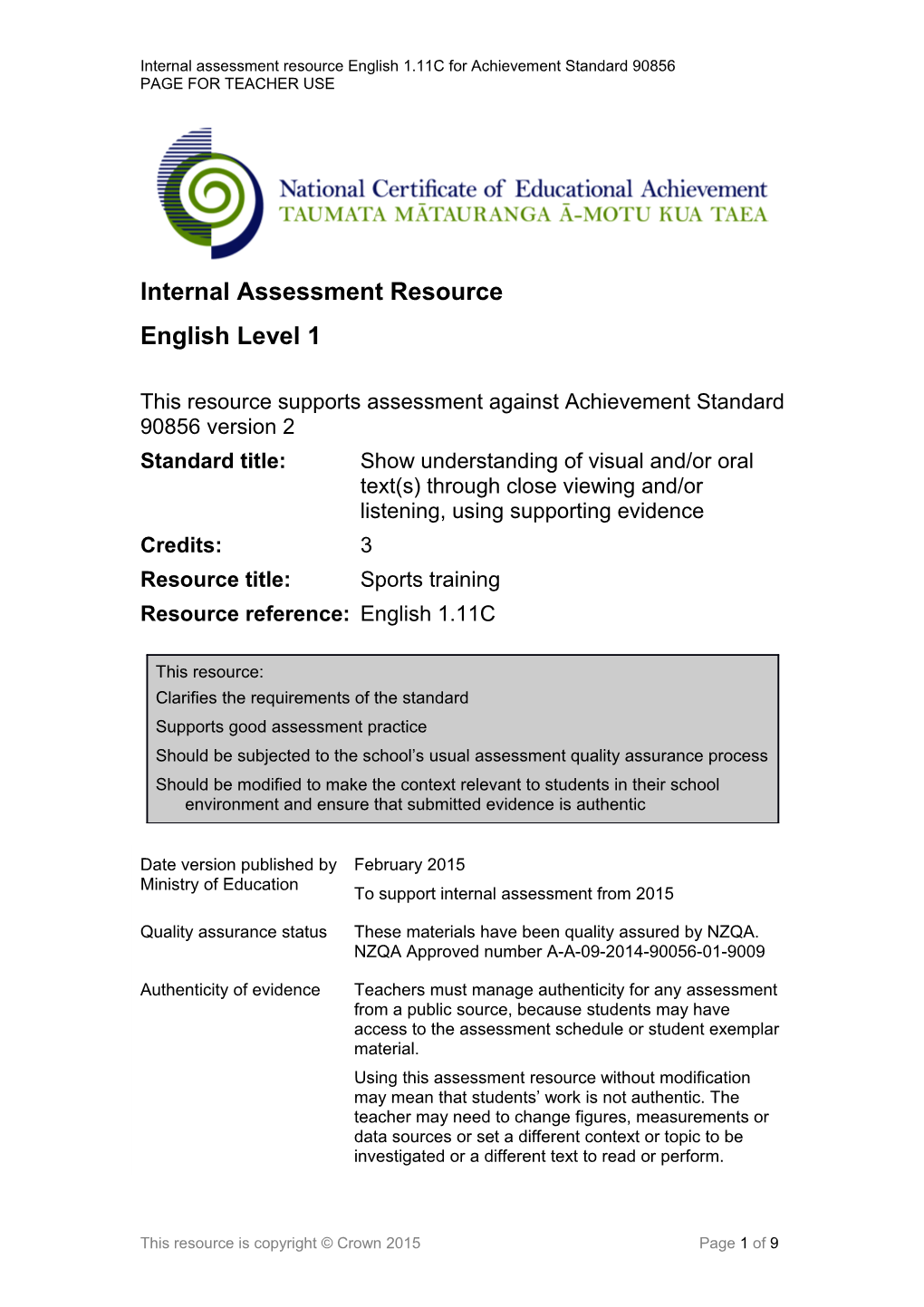 Internal Assessment Resource L1 English