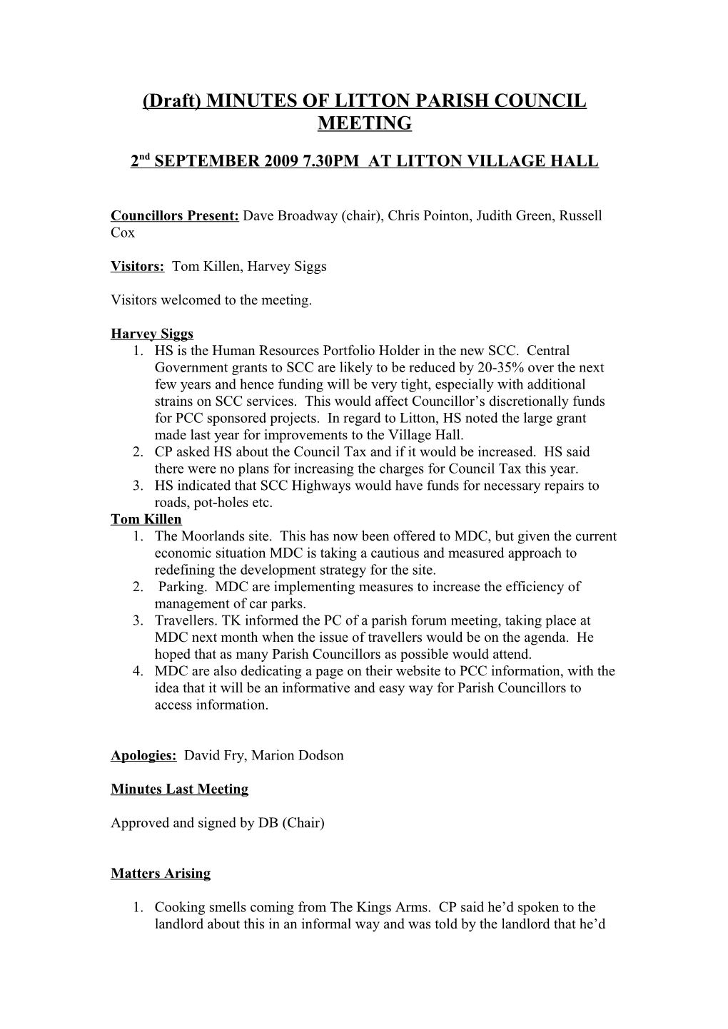 (Draft) Minutes of Litton Parish Council Meeting