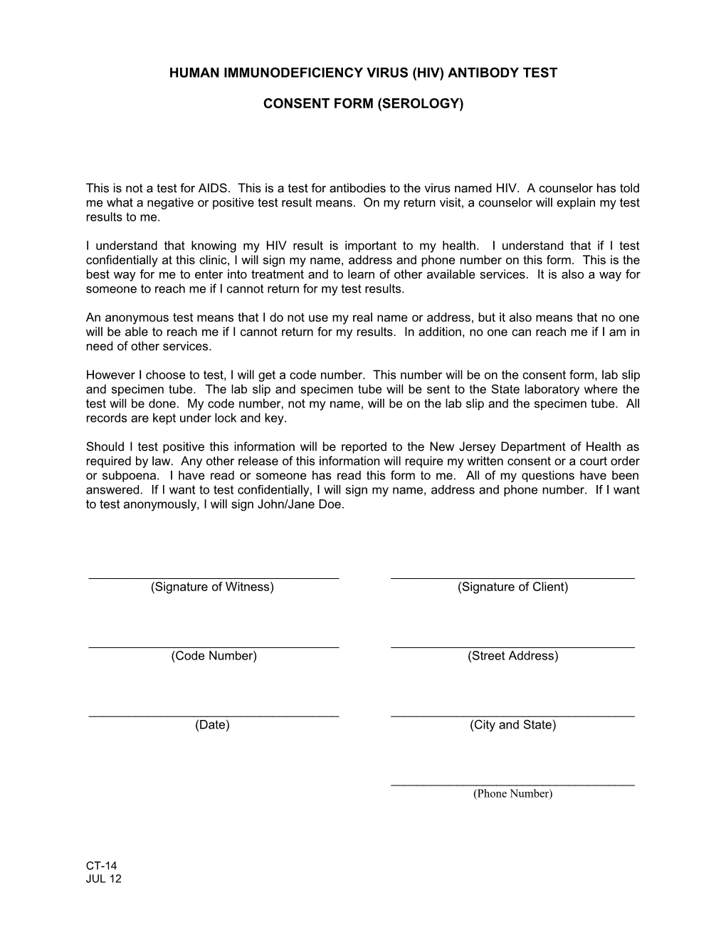 CT-14, HIV Consent Form (Serology)