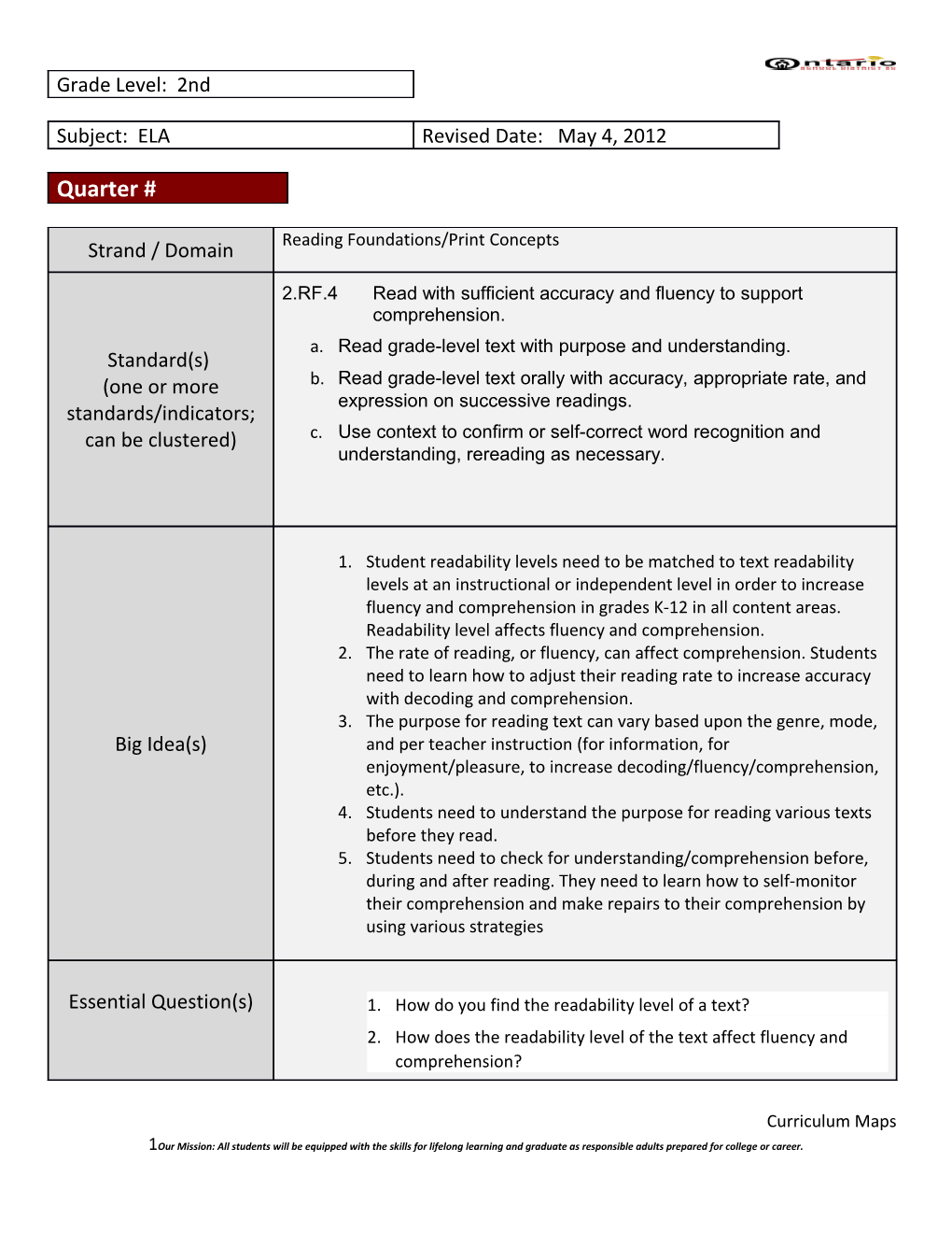 Read Grade-Level Text with Purpose and Understanding