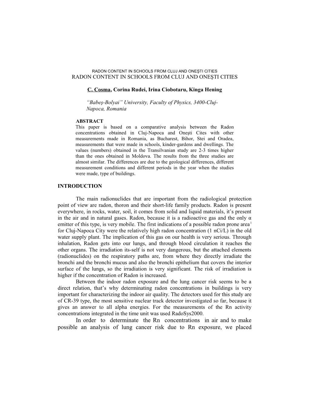 Radon Content in Schools from Cluj and Oneşti Cities